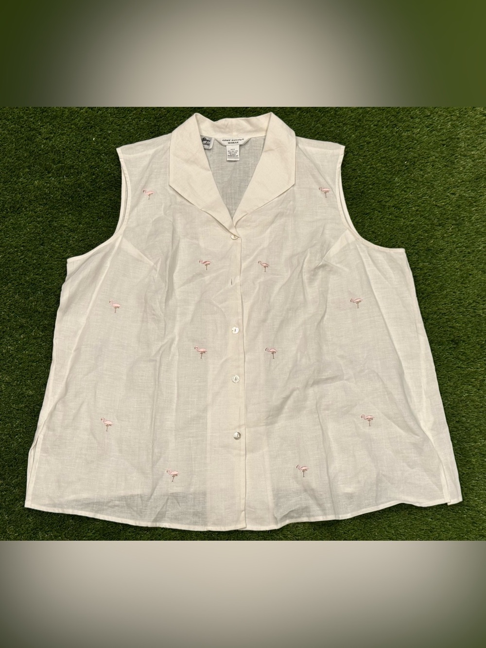 Richard Malcolm Women's Irish Linen White Flamingos Button Up Sleeveless‎ Blouse